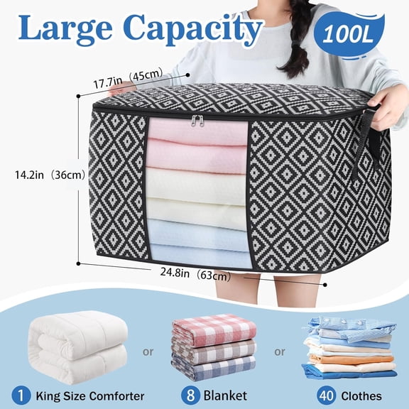 BDIUA-Direct 100L, 3 Pack, Storage Containers, Large Clothes Storage Bins Foldable Organization and Storage Bags with Reinforced Handle, Clear Window for Bedding, Blankets, Clothing, Black