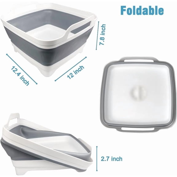 BDIUA-Dish Basin Collapsible with Drain Plug Carry Handles for 9L Large Capacity, Washing Basin, Collapsible Dish Tub for RV Sink, Vegetable, Fruit, Food Sink Strainer Dish Washing Tub - Gray