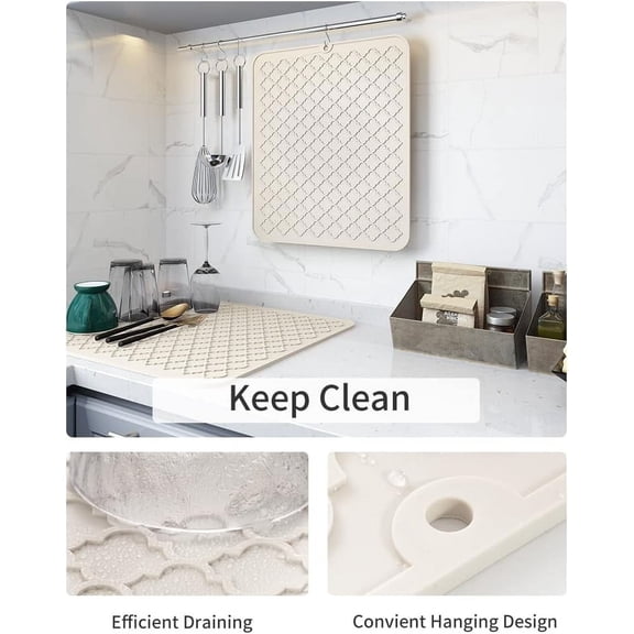 BDIUA--Dish Drying Mats for Kitchen Counter-Silicone Dish Drying Mat-Kitchen Dish Drying Pad Heat Resistant Mat-Kitchen Gadgets Kitchen Accessories Kitchen Small Appliances(16" x 18", BEIGE)