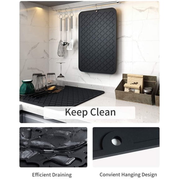 BDIUA--Dish Drying Mats for Kitchen Counter-Silicone Dish Drying Mat-Kitchen Dish Drying Pad Heat Resistant Mat-Kitchen Gadgets Kitchen Accessories Kitchen Small Appliances(16" x 18", BLACK)