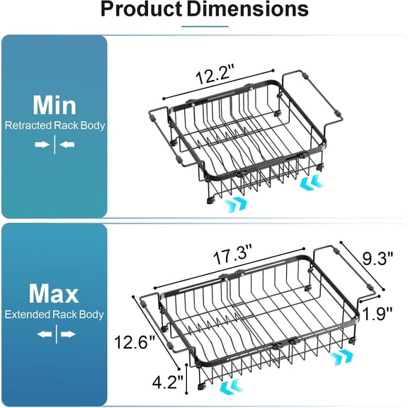 BDIUA-Dish Drying Rack Over the Sink, Expandable Dish Drainer for Small Kitchen, Space Saving RV Compact Plate Strainer with Utensil Holder and Lock Knob, Black