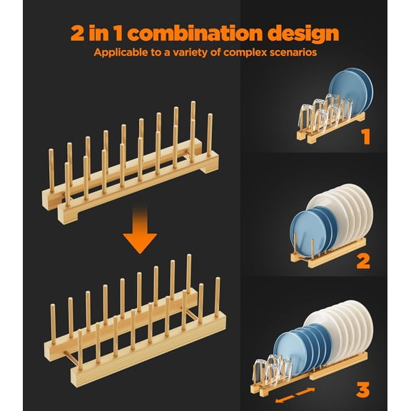 BDIUA-Dish Rack, Flexible Bamboo Dish Drying Rack Pot Lid Plate Stand Holder Adjustable Vertical Organizer Storage for Kitchen Cabinet Dish, Pot Lid, Bowl, Cup