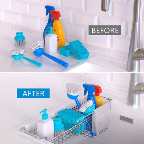 BDIUA-Dish Stands, Over The Kitchen Sink Caddy Sponge Holder Organizer Drying Rack Expandable for Sponge Brush Soap Dish Cloth Rag Smaller 12.25" to 17.25", Stainless Steel