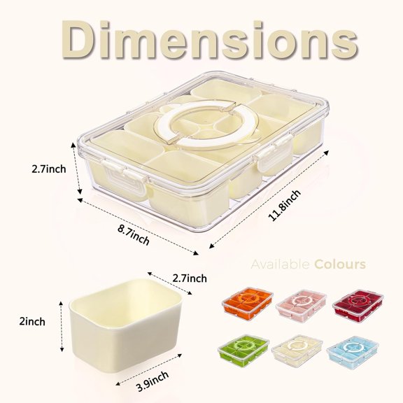 BDIUA-Dishwasher Safe Snackle Box Container with 8 Small Snacks Box - Premium Ivory Plastic Divided Serving Tray with Lid and Handle for Snack, Veggie, Fruits, Perfect for Party, Picnic, Entertaining
