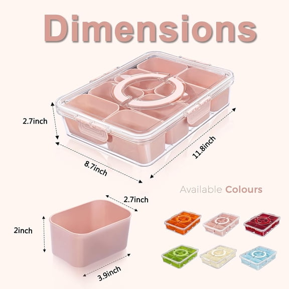 BDIUA-Dishwasher Safe Snackle Box Container with 8 Small Snacks Box - Premium Pink Plastic Divided Serving Tray with Lid and Handle for Snack, Veggie, Fruits, Perfect for Mothers Day, Picnic