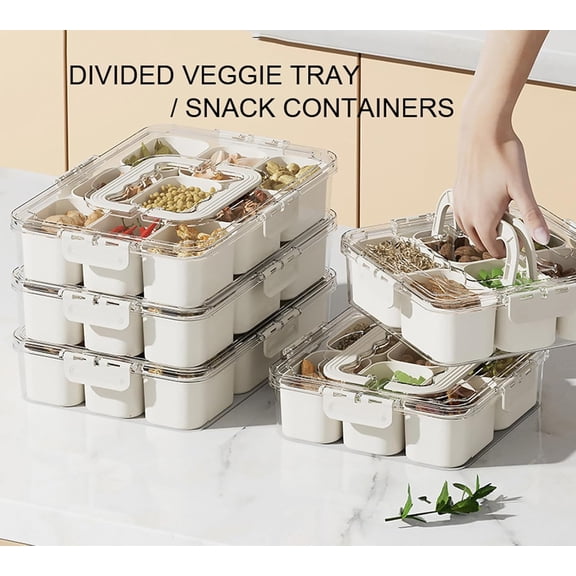 BDIUA-Divided Veggie Tray with Lid and Handle 9 Compartment Serving Tray with Dividers Portable Travel Snack Containers Stackable Snackle Box Charcuterie Container for Fruit,Vegetable,Salad (9 Contai