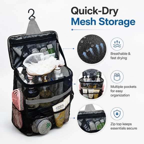 BDIUA-Dorm Shower Caddy for Guys, Mesh Shower Bag with Built-In Hook, Quick-Dry College Dorm Tote, Large Capacity Toiletry Organizer for Gym, Travel, Summer Camp & Bathroom, Gray