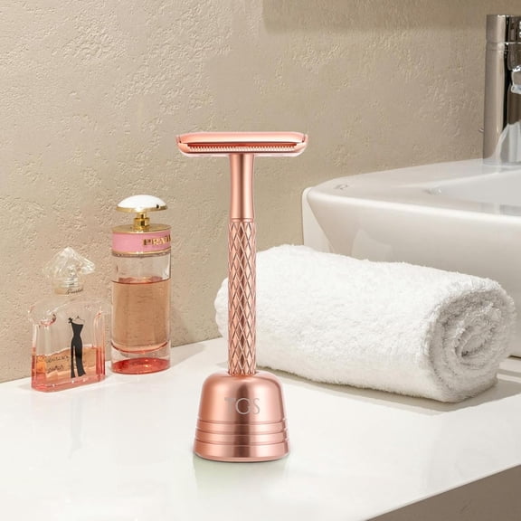 BDIUA-Double Edge Safety Razor for Women Rose Gold with Stand and Silicone Cover - Durable Metal Eco-Friendly Single Blade Safety Razor with 10 Blades- Closed Smooth Shave