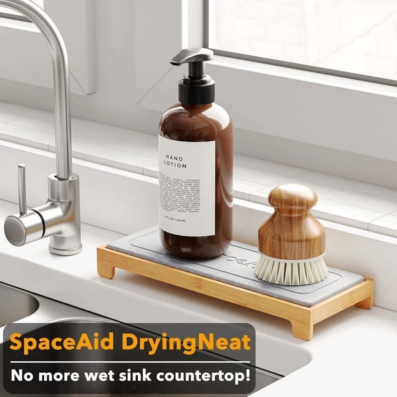 BDIUA-DryingNeat Instant Dry Sink Caddy Organizers, Kitchen Sponge Soap Holder Dispenser, Countertop Fast Drying Counter Tray Rack (Bamboo, Gray)