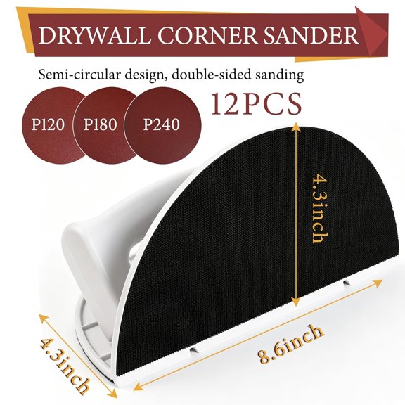 BDIUA-Drywall Corner Sander, Angle Sanding Tool with 12PCS Reusable 9 Inch Hook and Loop Sanding Discs for Wall and Corners Cleaning Polishing (Grit 120/180/240)