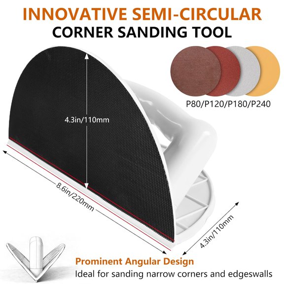 BDIUA-Drywall Corner Sander, Semi Circular Hook and Loop Backing Angle Sanding Tool with 8Pcs 9 Inch Sanding Discs 80 120 180 240 Grit for Corners and Wall Cleaning and Polishing