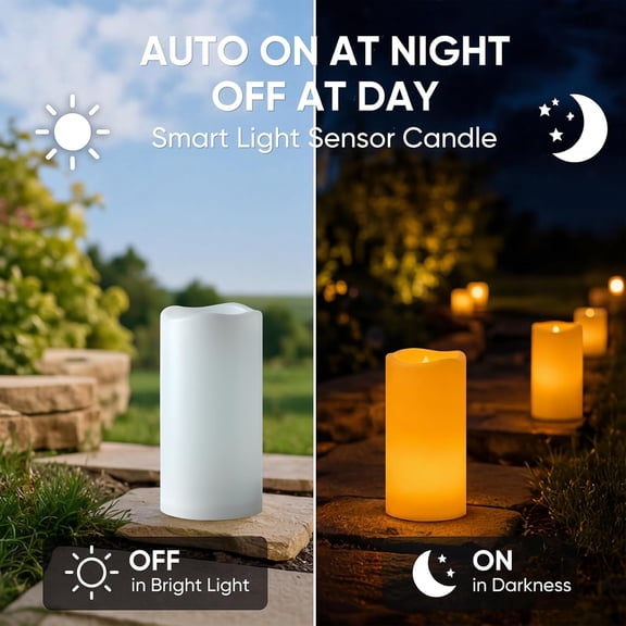 BDIUA-Dusk to Dawn Outdoor Waterproof Flameless Candles with Auto Light Sensor, Flickering LED Pillar Candles, Battery Operated Fake Candles Lanterns, Porch, Patio, Garden Decor, 3"x6", Set of 2
