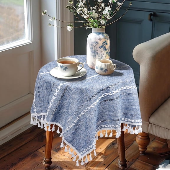 BDIUA-Dusty Blue and White Small Tablecloth 24''x24'', Spring Boho Square Nightstand Cover, Rusitc Farmhouse Coffee Table Cover for End Table, Blue French Country Dresser Scarf Summer Coastal Home De