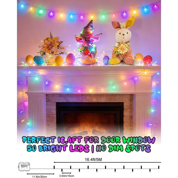 BDIUA-Easter String Lights Battery Operated Pastel with Timer Waterproof 8 Modes 16.4ft 50 LED Easter Decorations for Outdoor Indoor Patio Party Garden Yard Decor