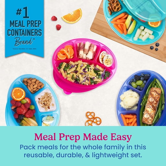 BDIUA-Easyboxes 4-Compartment Oval Containers - Patented Design 8-Piece Set; 4 Trays & 4 Fitted Lids Seal in Freshness; Reusable Food Storage & Meal Prep BPA-Free Containers (Jewel Brights)
