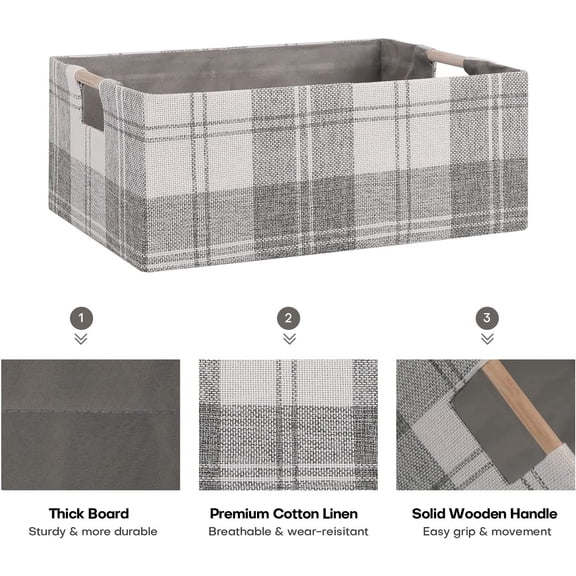 BDIUA-Fabric Storage Bin Box Collapsible Cotton Linen Storage Cube with Wooden Handles Rectangular Decorative Home Organizer Clothes Blanket Basket Light Gray Plaid, Small