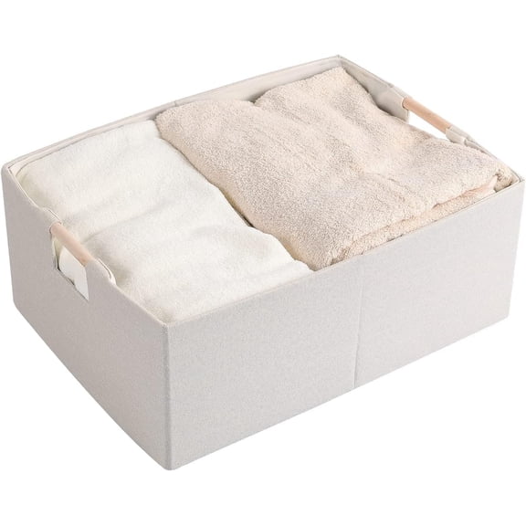 BDIUA-Fabric Storage Bin Box Foldable Cotton Linen Storage Basket with Wooden Handles Rectangular Cube Decorative Home Laundry Organizer Clothes Blanket Container Beige, Medium