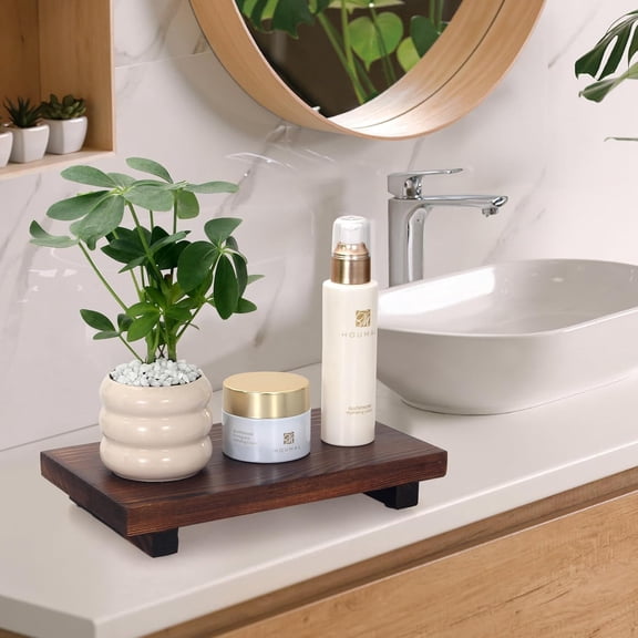 BDIUA-Farmhouse Bathroom Tray Organizer Wooden Riser Stand Wood Trays for Kitchen Counter Decor Pedestal Dish Soap Dispenser Holder Kitchen Sink Tray Modern Bathroom Vanity Accessories Decorative Tra