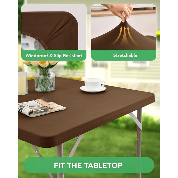 BDIUA-Fitted Card Table Covers - Spandex Outdoor Water-Resistant Square Tablecloth with Elastic, 2 Pack Stretchy Table Cloths for Picnic Camping 34x34 Inch, Brown