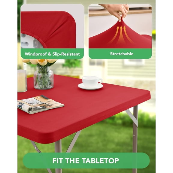 BDIUA-Fitted Card Table Covers - Spandex Outdoor Water-Resistant Square Tablecloth with Elastic, 2 Pack Stretchy Table Cloths for Picnic Camping 34x34 Inch, Red