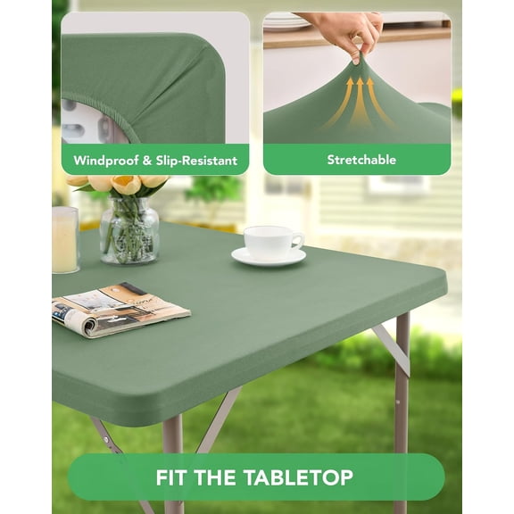 BDIUA-Fitted Card Table Covers - Spandex Outdoor Water-Resistant Square Tablecloth with Elastic, 2 Pack Stretchy Table Cloths for Picnic Camping 34x34 Inch, Sage Green
