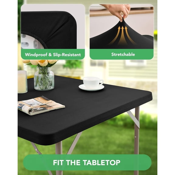 BDIUA-Fitted Card Table Covers - Spandex Outdoor Water-Resistant Square Tablecloth with Elastic, 2 Pack Stretchy Table Cloths for Picnic Camping 36x36 Inch, Black