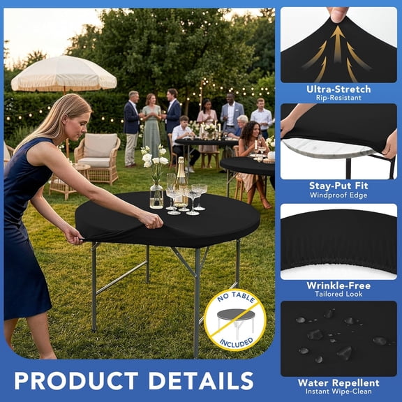 BDIUA-Fitted Round Table Covers 48 Inch-2 Pack Black Elastic Spandex Table Cloth-Small Stretch Folding Circle Tablecloths Topper Cap for Kitchen Dining Commercial Party Picnic Event Banquet Tables
