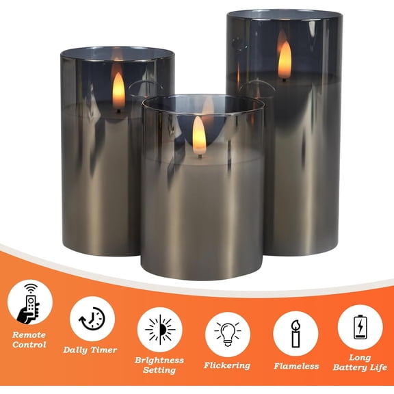 BDIUA-Flameless Candles, Battery Operated Led Flickering Flameless Candles, 3 Pack with Star String Lights, 3D Flickering FlameTimer & Remote Control Safe for Wedding Home Party Decor (Slate Grey Gla