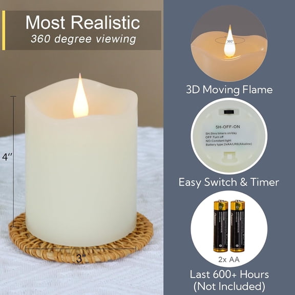 BDIUA-Flameless Candles Battery Operated with Timer, 3D Moving Flame Flickering, Last 600+ Hours Battery Candles, 3" x 4" Ivory Real Wax Electric LED Candle for Wedding Party Decorations
