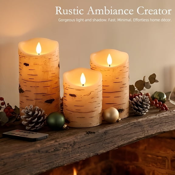 BDIUA-Flameless Candles Birch Bark Texture, Flickering Flame Battery Operated LED Candles, Electric Plastic Candles with Remote Timer for Home Decor, Rustic Wedding Centerpiece, Gift Set of 3