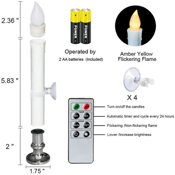 BDIUA-Flameless Window Candles with Remote and Timer, Battery Operated Flickering Candles with Silver Holders and Suction Cups, Battery Included, for Holiday Decoration, Set of 4(D1 x H7 Inch)