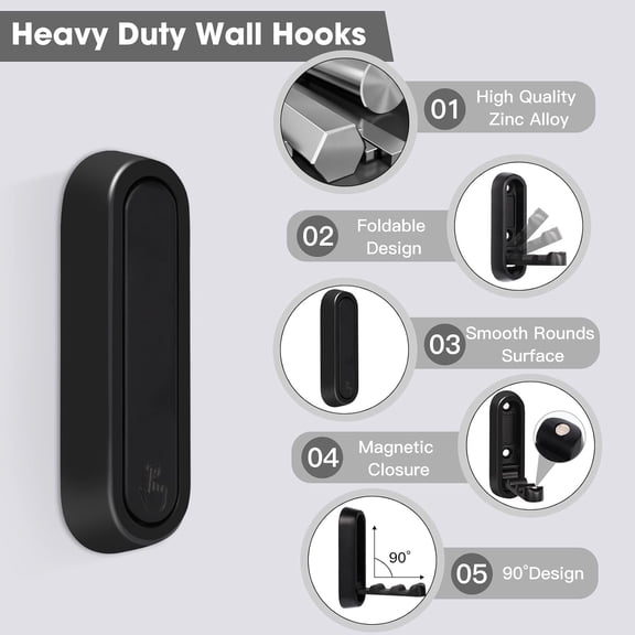 BDIUA-Foldable Wall Hook, 40 lbs Heavy Duty Screw Mounted, Aluminum Alloy Flip-Down Black Coat Hook, Space-Saving Folding Wall Hanger for Bathroom Bedroom Entryway Closet, Includes Screws (4 Pack)