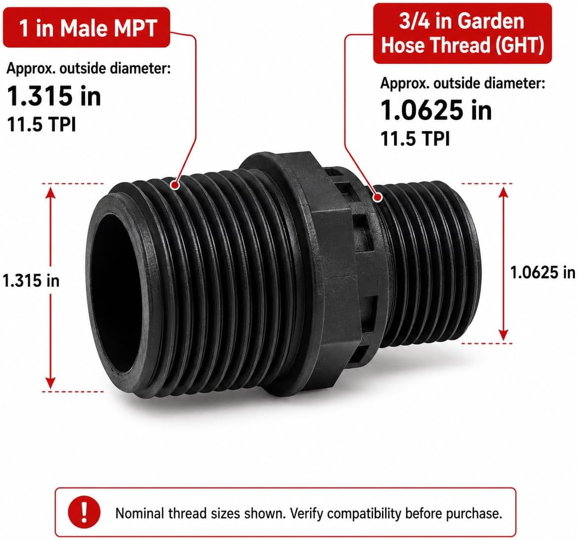 BDIUA-Garden Hose Adapter, 3/4 Inch GHT to 1 Inch MNPT Connector ...