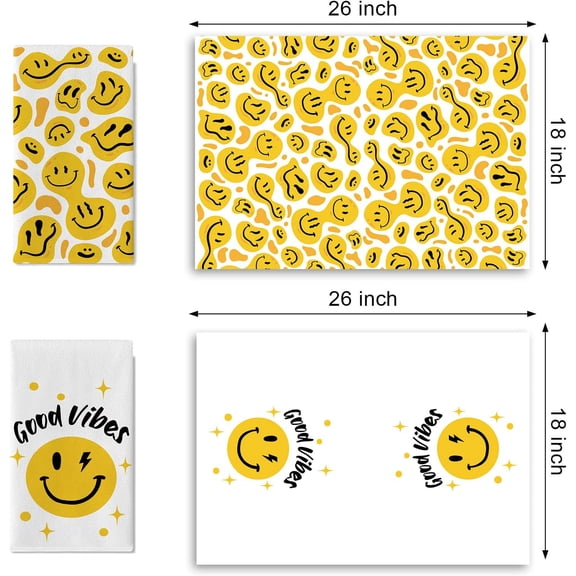 BDIUA-Good Vibes Smiley Face Kitchen Dish Towels Set of 2, Yellow Inspirational Happy Smiling Drying Hand Towel Baking Cooking Cloth, Positive Hippie Smiles Bathroom Home Decoration 18'' x 26''