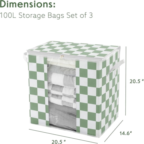 BDIUA-Green Checkered Clothes Storage Bins, 100L Large Blanket Storage Bags 3 Pack, Closet Organizers and Storage Containers for Comforters, Bedding, Foldable Organizer with Handle