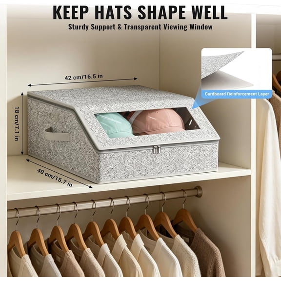 BDIUA-Grey Hat Storage for Baseball Caps, Stackable Hat Organizer for Closet | Holds up to 24 Caps, Dustproof, With Clear Window, Flip-Top Access, with Handles & Hollow Board Support