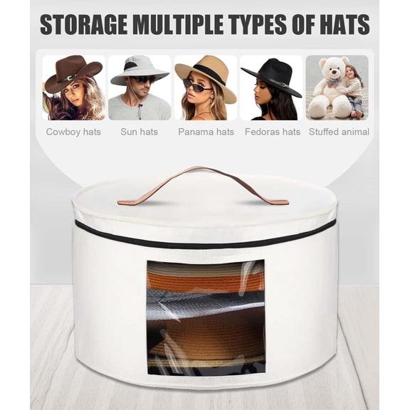 BDIUA-Hat Box, Travel Hat Storage Box, Foldable Space-saving Hats Boxes Organizer for Men & Women Storage, Stackable Hats Carrier Case for Round Brim, Cowboy, Panama, Tweed Caps - White