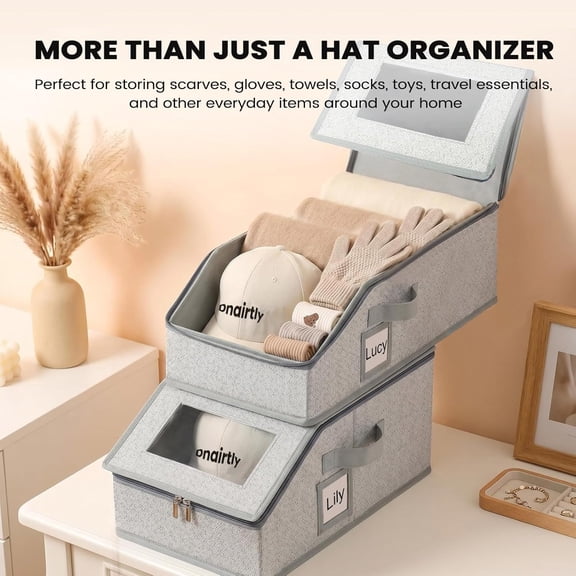 BDIUA-Hat Organizer for Baseball Caps, 2 Pack Stackable Hat Storage Boxes with Clear Window, Foldable Hat Box for Closet Storage, Holds Up to 24 Caps for Men and Women, Grey