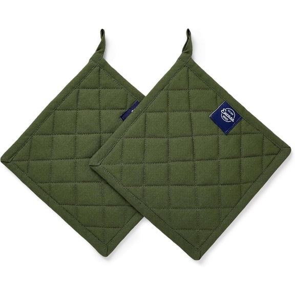 BDIUA-Heat Resistant Cotton Pot Holders with Hanging Loop - Set of 2 - Leaf Green - Multipurpose Quilted Everyday Hot Pad for Kitchen, Camping, BBQ & Microwave - 8x8 in