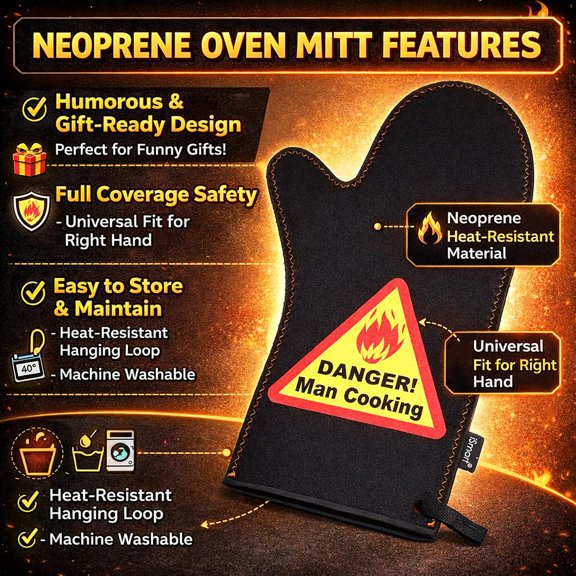 BDIUA-Heat-Resistant Neoprene Oven Mitt Danger! Man Cooking Print Commercial Grade Pot Holder Glove for BBQ, Baking & Kitchen Use, 13.13" x 7.88"