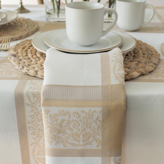 BDIUA-Heavyweight Jacquard Fabric Table Cloth with Gold Metallic Accents, Dcor for Everyday, Parties, Holiday, Spring, and Easter Tablecloth (Grandeur Glow, 18" x 18" Napkins Set of 4)