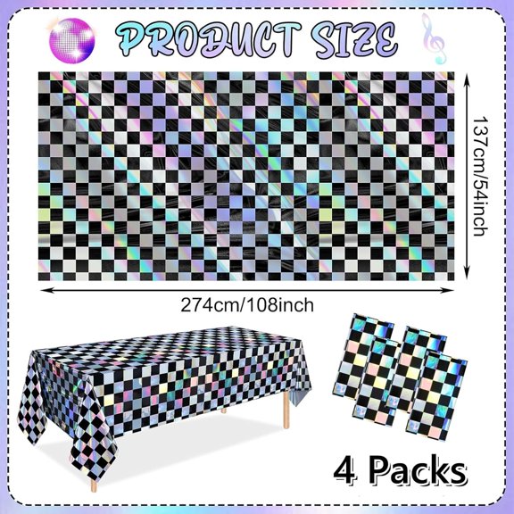 BDIUA-Iridescent Checkered Tablecloth (4 Packs, Black&Sliver) - 54x108 Inches Iridescent Party Decorations Rectangular Disposable Plastic Table Cover for Graduation Birthday Disco Retro Race Party