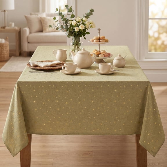 BDIUA-Khaki Rustic Tablecloth, Gold Star Glitter Metallic Foil Table Cloth, 60120 Inch Rectangular, Washable Stain-Resistant Farmhouse Table Cover for Party Wedding Birthday
