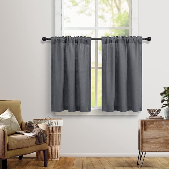 BDIUA-Kitchen Cafe Curtains 24 Inch Length 2 Panels Back Tab Pocket Light Filtering Sheer Privacy Linen Short Curtains for Small Window Dark Grey Curtain for Bathroom 30x24 Charcoal Gray Farmhouse