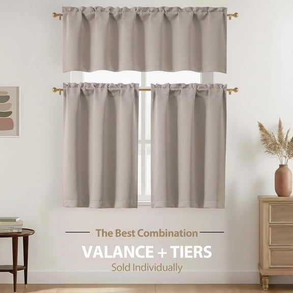 BDIUA-Kitchen Curtains 30 Inch Length - Light Filtering Small Window Curtains Tiers for Kitchen Over Sink, Half Window Treatments Short Curtains for Bathroom, Stone Color, 2 Panels, Each 30Wx30L