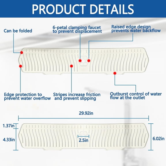 BDIUA-Kitchen Sink Splash Guard Gen2-30" x 6'' Silicone Sink Mat Splash Guard fit for Countertop, Bathroom,Farmhouse,RV by (off white)