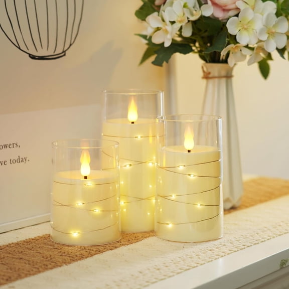 BDIUA-LED Flameless Candles, Battery Operated Candles with Embedded Fairy Lights, Acrylic Fake Candles with Remote and Timer for Wedding Home Decor, Ivory White, Set of 3, D3 x H4 5" 6"