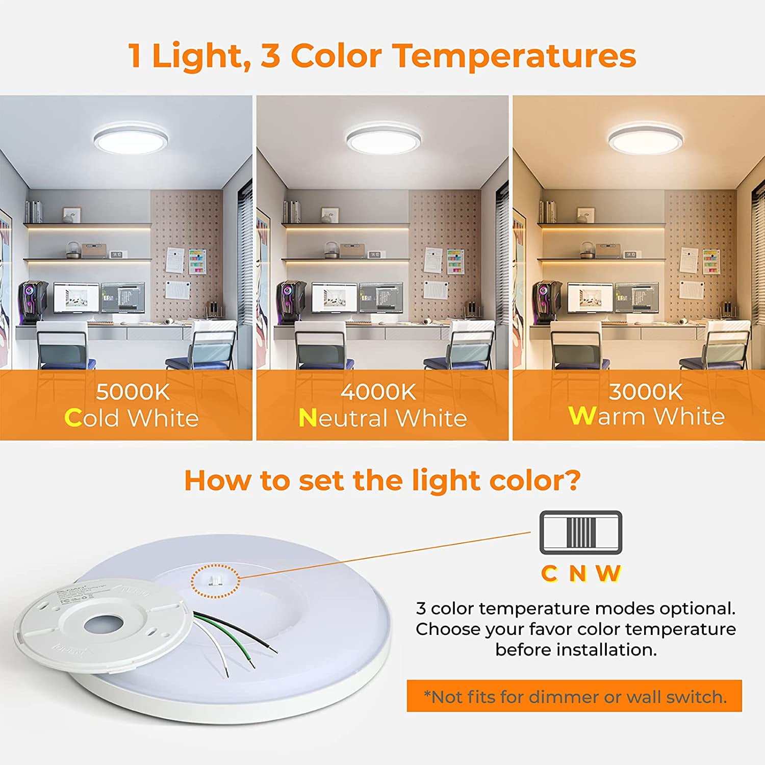 BDIUA-LED Flush Mount Ceiling Light, 12 Inch 24W 3000K/4000K/5000K Hardwire Light Fixture, Ultra Thin Round White Lamp for Kitchen Porch Bedroom Hallway Stairwell Basement, Non-dimmable 1 Pack