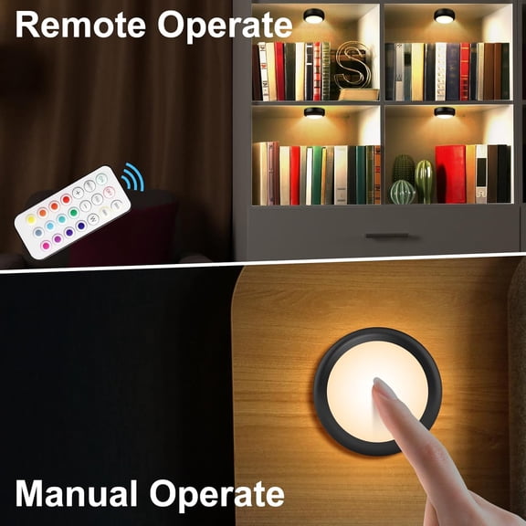 BDIUA-LED Puck Lights with Remote Control, Wireless Under Cabinet & Closet Lighting, RGB 13 Color Changing Lights with Dimmer, Timer & AA Battery Operated, Push, Touch, Stick on for Night, Black, 2 P