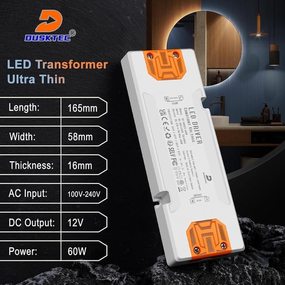 BDIUA-LED Transformer 12V 60W, LED Driver AC 120V to DC 12V 5A, Ultra Slim Power Supply 12 Volt, Constant Voltage Power AdapterQuiet for Strip Lights, Sign, Light Bulb and CCTV Camera